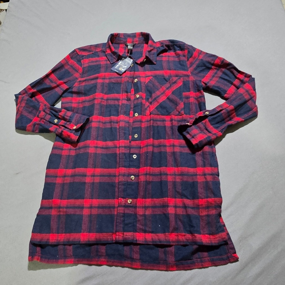 new Forever 21 Flannel Button Down‎ Women Medium Red Navy Plaid Longline Shirt